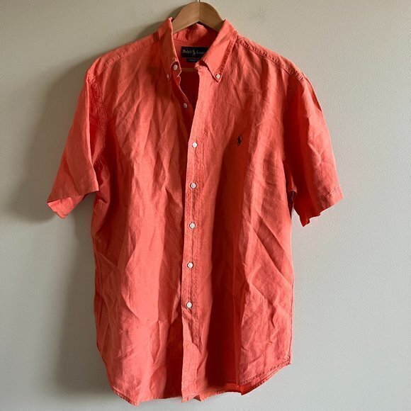 Ralph Lauren Linen Silk Classic Fit Orange Button Down Shirt Top Mens Size L - Picture 1 of 6